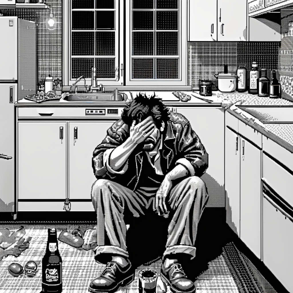 02758-1327231793-_lora_Macpaint-XL-000015_1_, Macpaint, black and white pixel image of drunk hobo crying in an 80s kitchen, pixel art, best quali.png